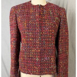 Rena Rowan Textured Multicolor Tweed Zip Front Collarless Jacket Women 10